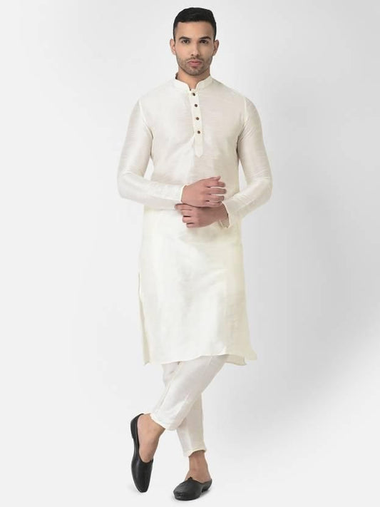 AHBABI Men's Solid Dupion Silk Kurta Pyjama Set Off White