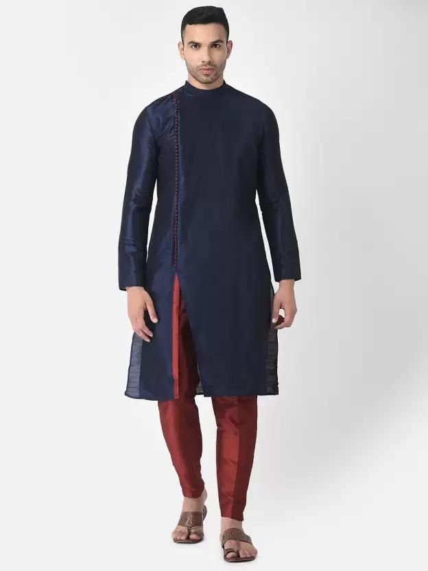 AHBABI Men's Solid Slit Style Dupion Silk Kurta Pyjama Set Navyblue-Red