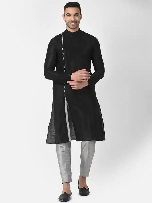 AHBABI Men's Solid Slit Style Dupion Silk Kurta Pyjama Set Black-Silver