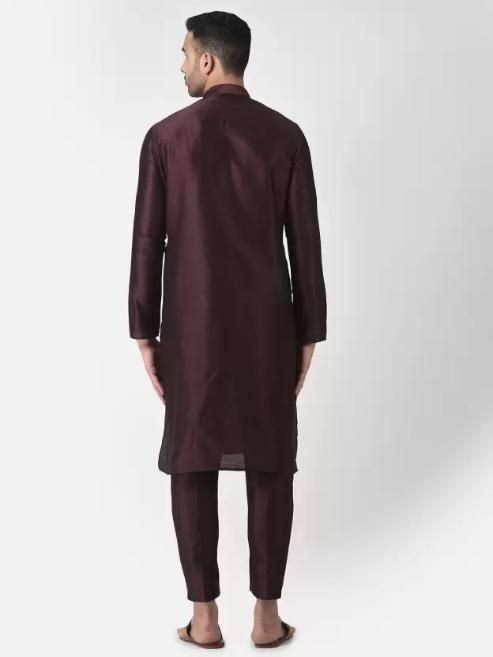 AHBABI Men's Solid Dupion Silk Kurta Pyjama Set Maroon